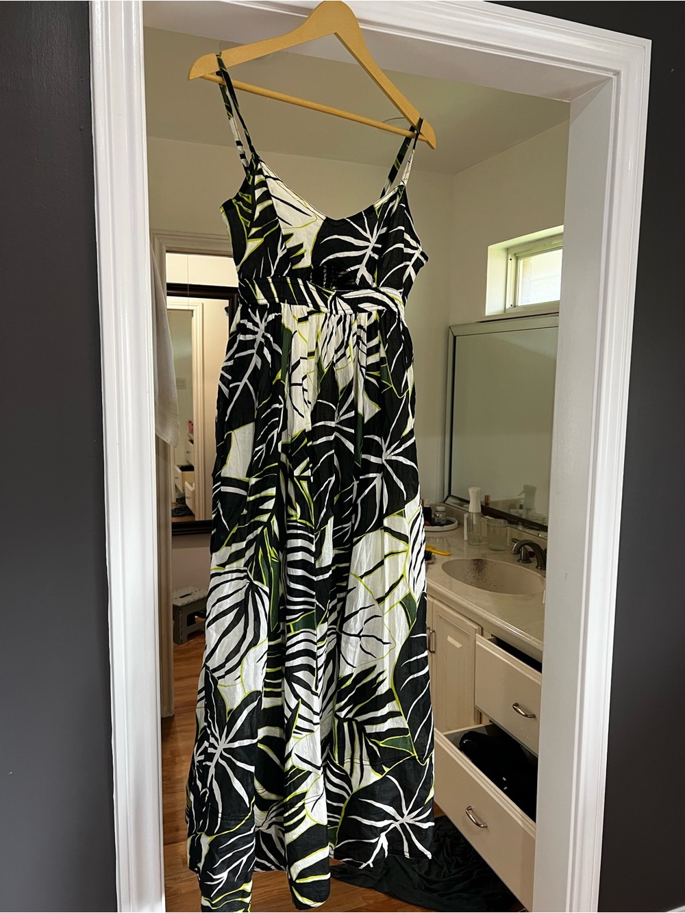 Joie Black, White & Green Leaf-Print Maxi Dress